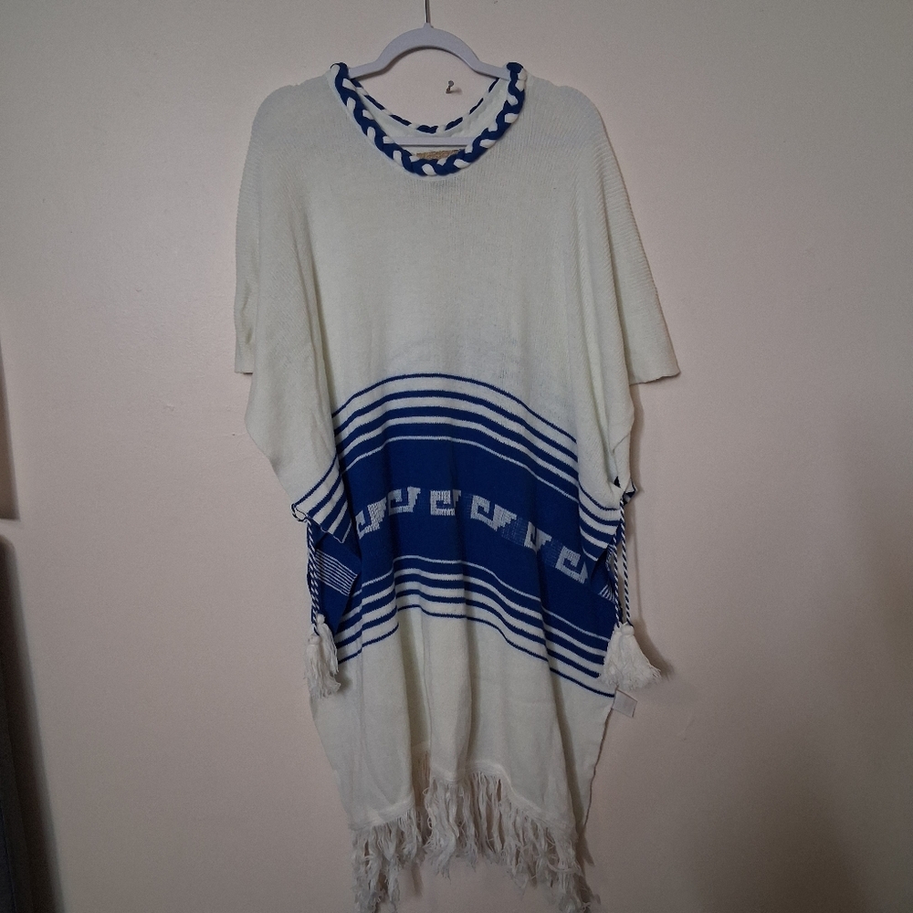 Wildfox Frida Boho Western Sweater Poncho Oversized Blue White Fringe